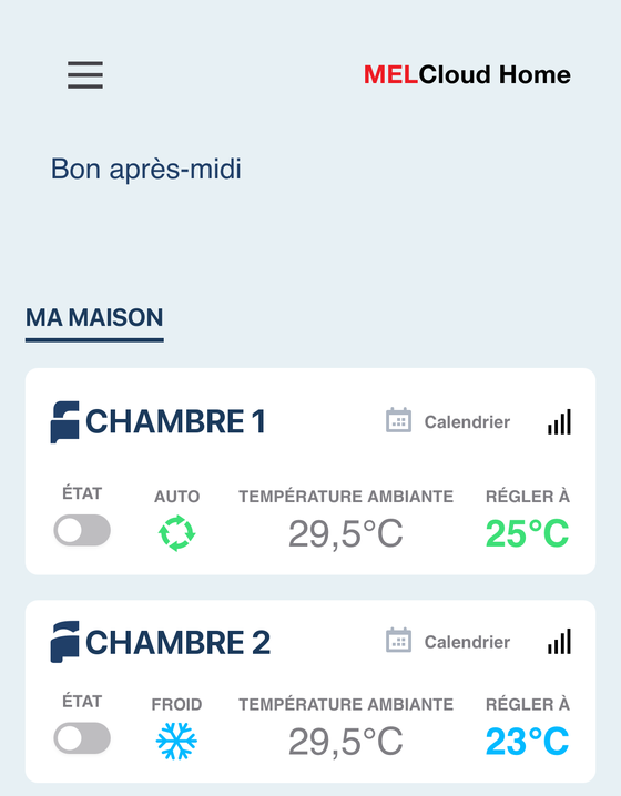 Application MELCloud Home — écran d'accueil : toutes vos pièces d'un coup d'œil