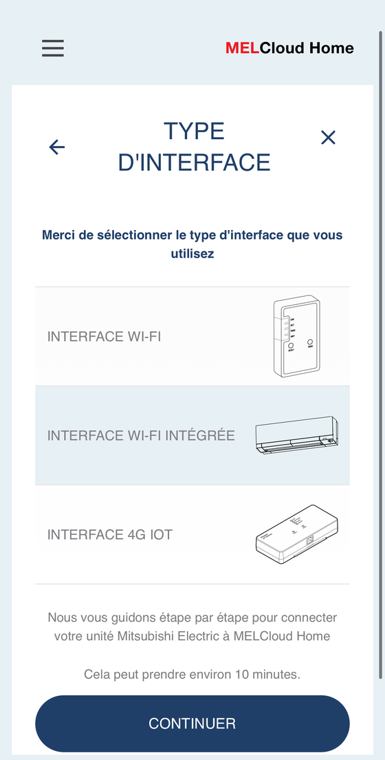 Application MELCloud Home — écran « Type d'interface » : sélectionner « Interface Wi-Fi intégrée »